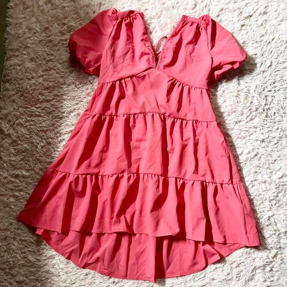 Coquette Feminine Bright Girlhood Kidcore Tiered Puff Sleeve Babydoll Dress